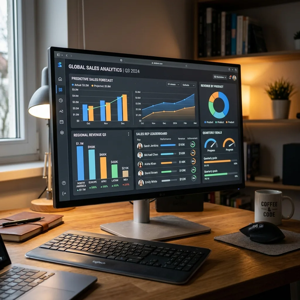 Dashboard corporativo moderno para análise preditiva de vendas e faturamento de filiais.