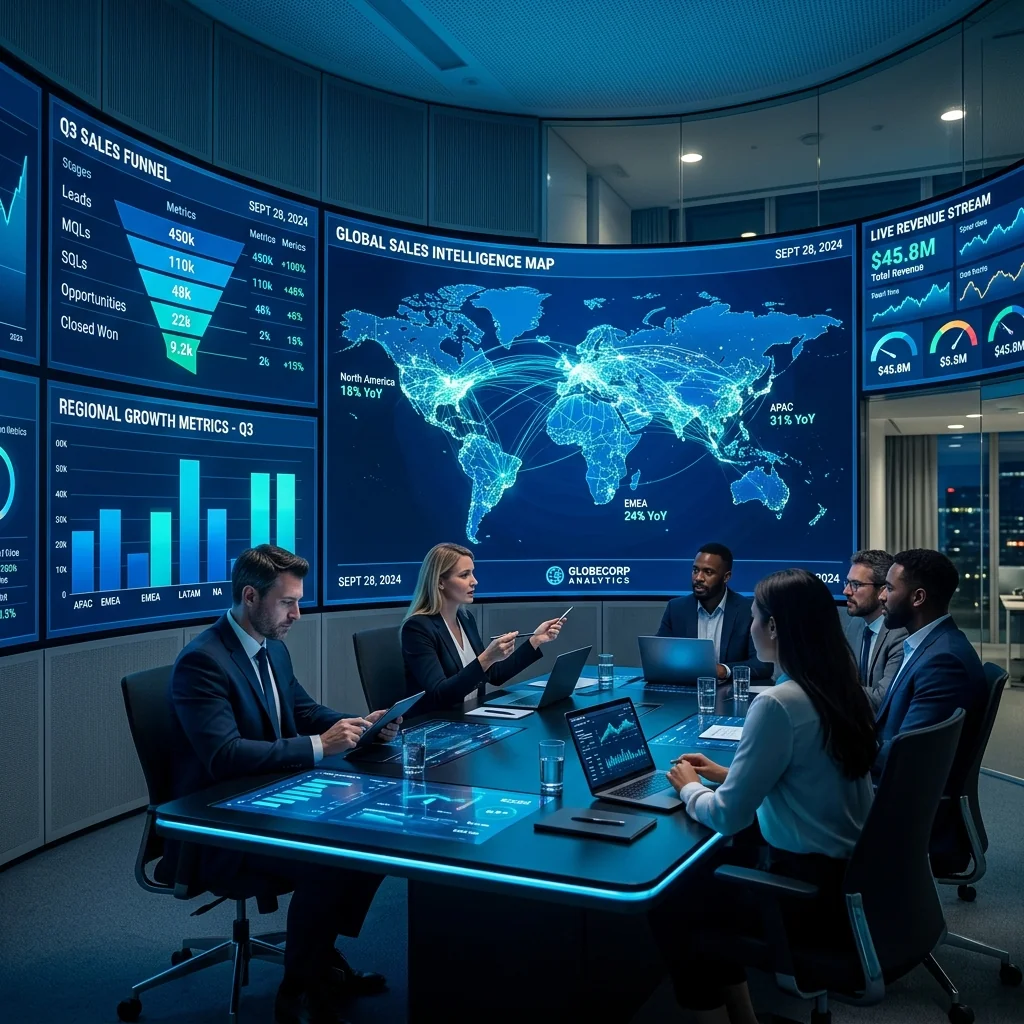 Sala de inteligência de vendas (war room) exibindo mapas e funil comercial, solução ConsultoriaSoft liderada por Agnaldo Ribeiro das Neves.