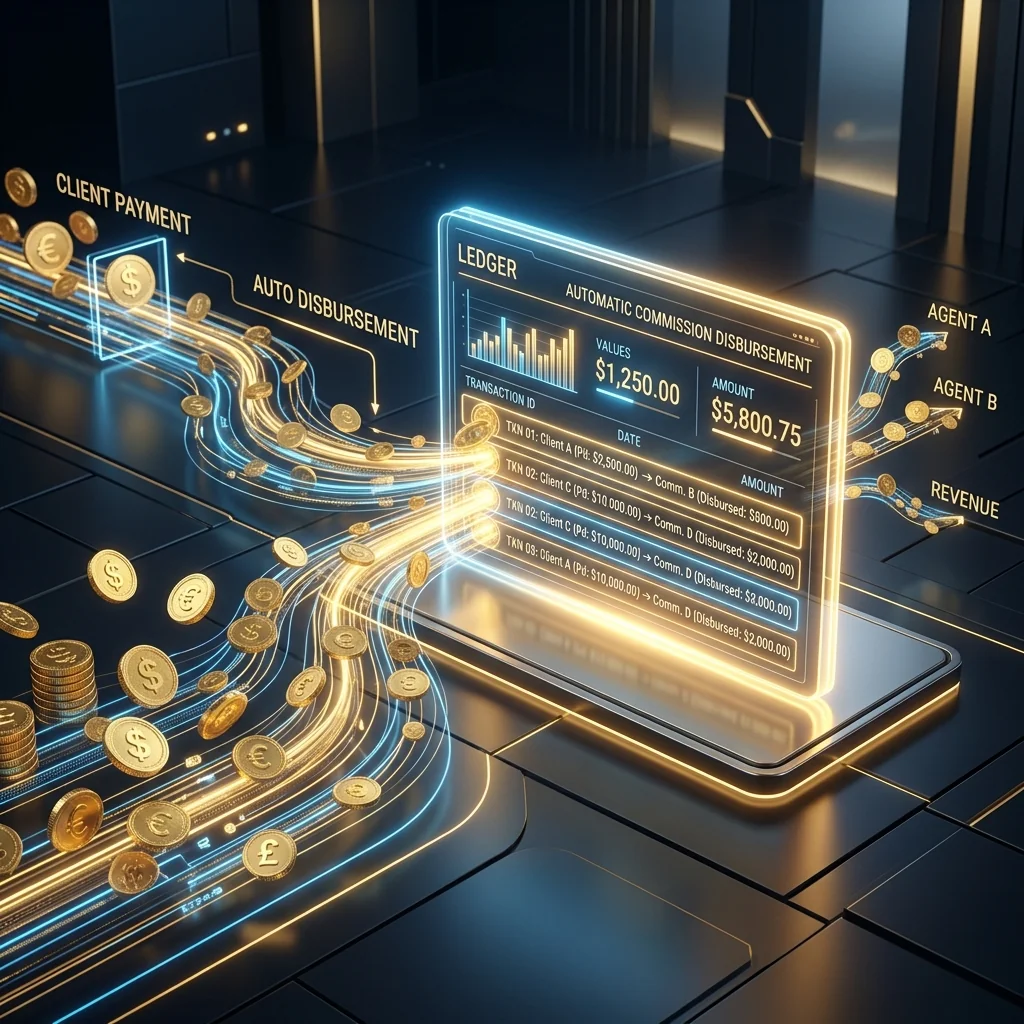 Modelo 3D ilustrando processamento e conciliação bancária automática de comissões de vendas.
