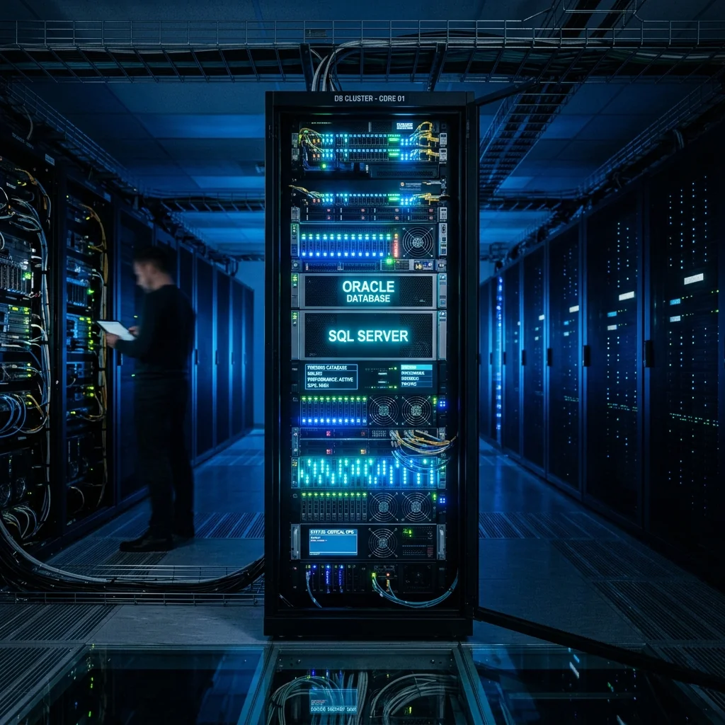Servidores modernos com racks de bancos de dados relacionais e luzes neon ciano em um datacenter corporativo.