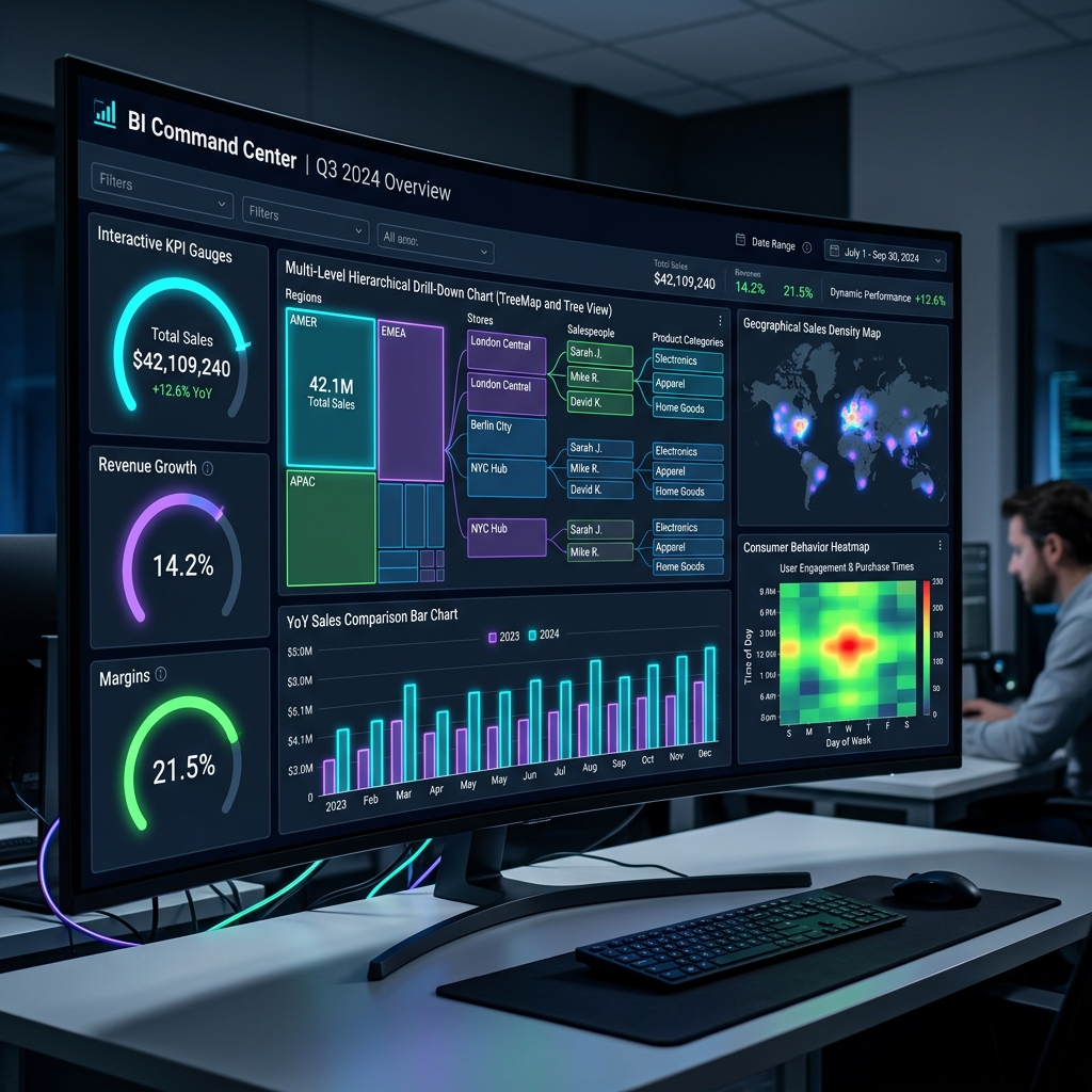 Dashboard de BI mostrando gráficos de evolução YoY de vendas, funil de consumo por categoria e filtros de drill-down de filiais e produtos
