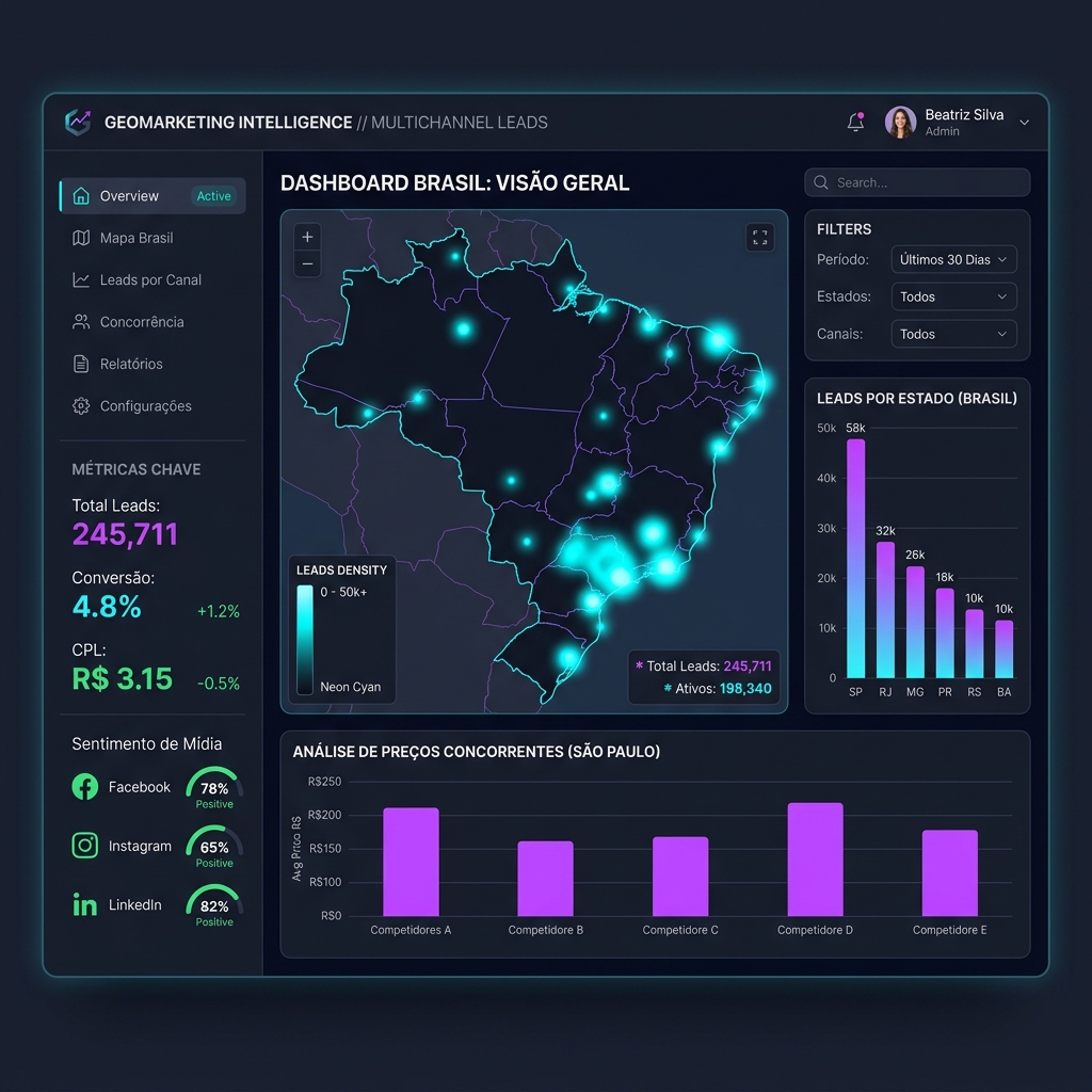 Dashboard de Geomarketing inteligente mostrando o mapa de calor do Brasil com leads comerciais e gráficos de sentimento social e preços dos concorrentes