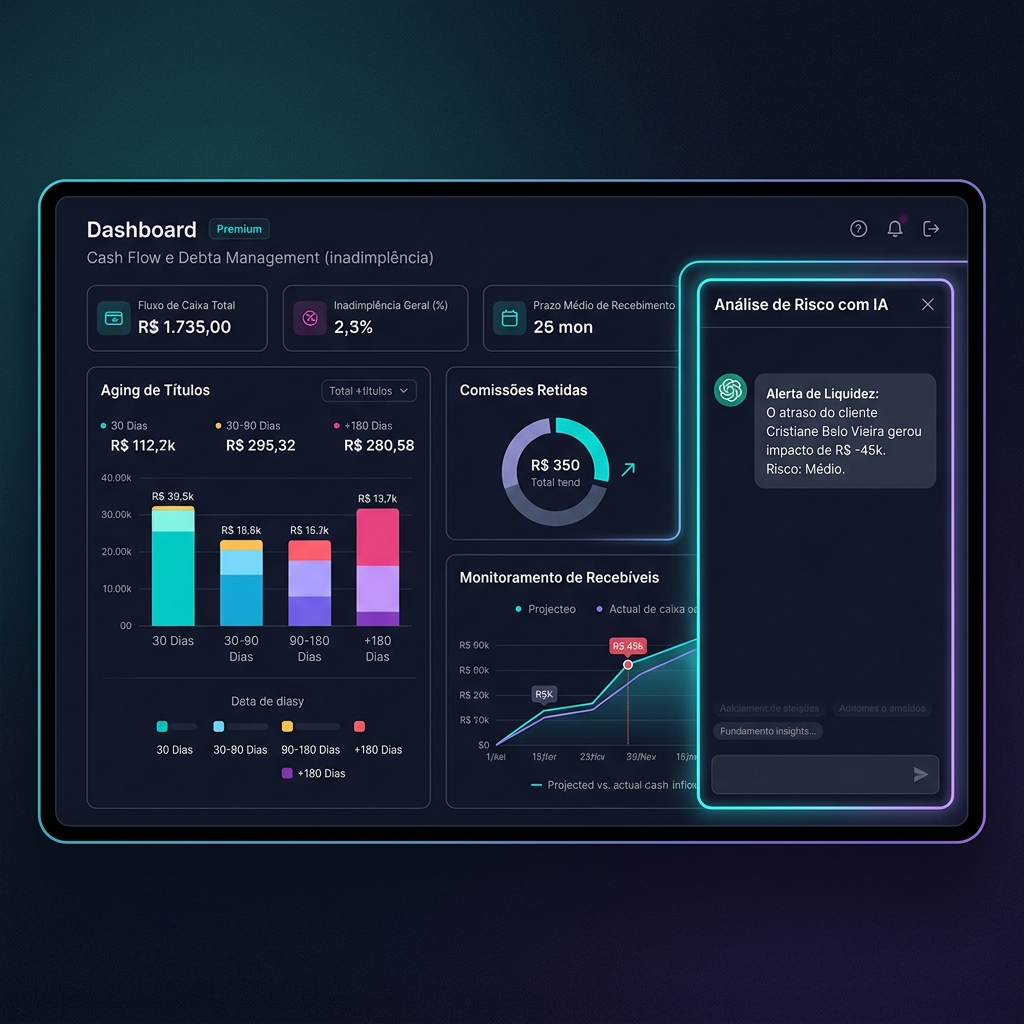 Dashboard de gestão de inadimplência mostrando o aging de títulos a receber, o montante de comissões retidas e a análise de risco de crédito recomendada pelo painel de inteligência artificial
