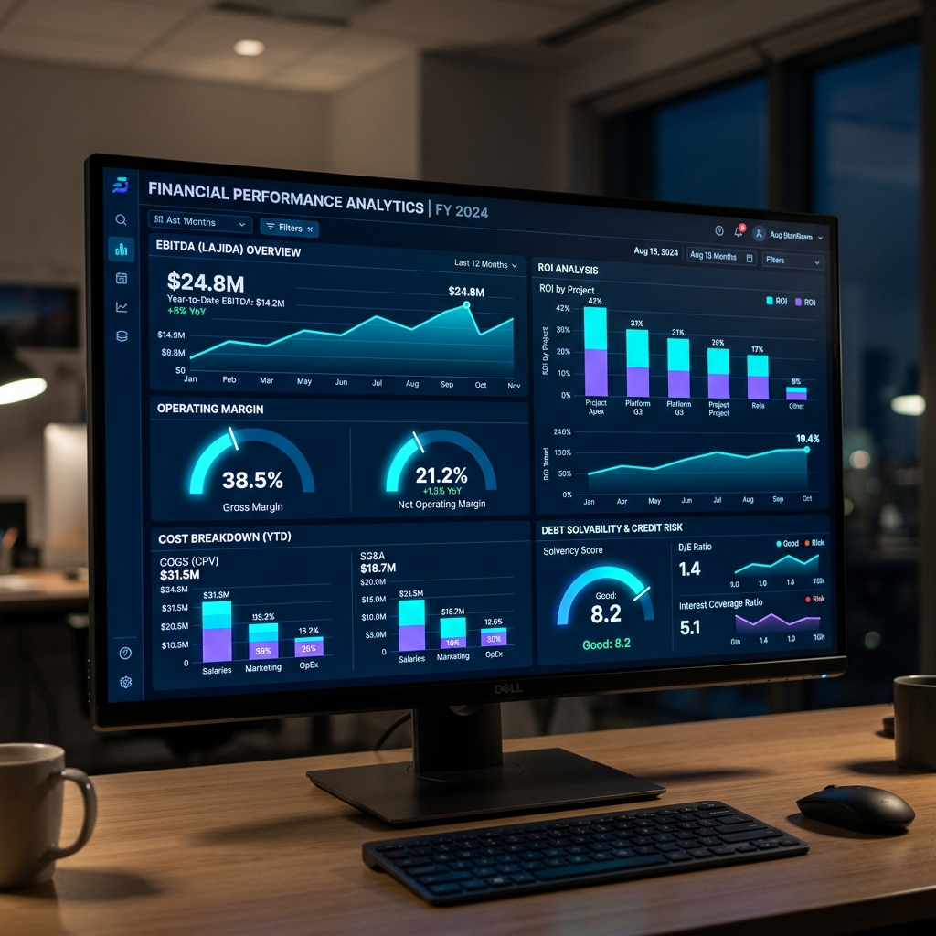 Dashboard de BI mostrando gráficos de EBITDA, indicadores de ROI, demonstrativos de custos SG&A e gráficos de ponteiro de metas financeiras corporativas
