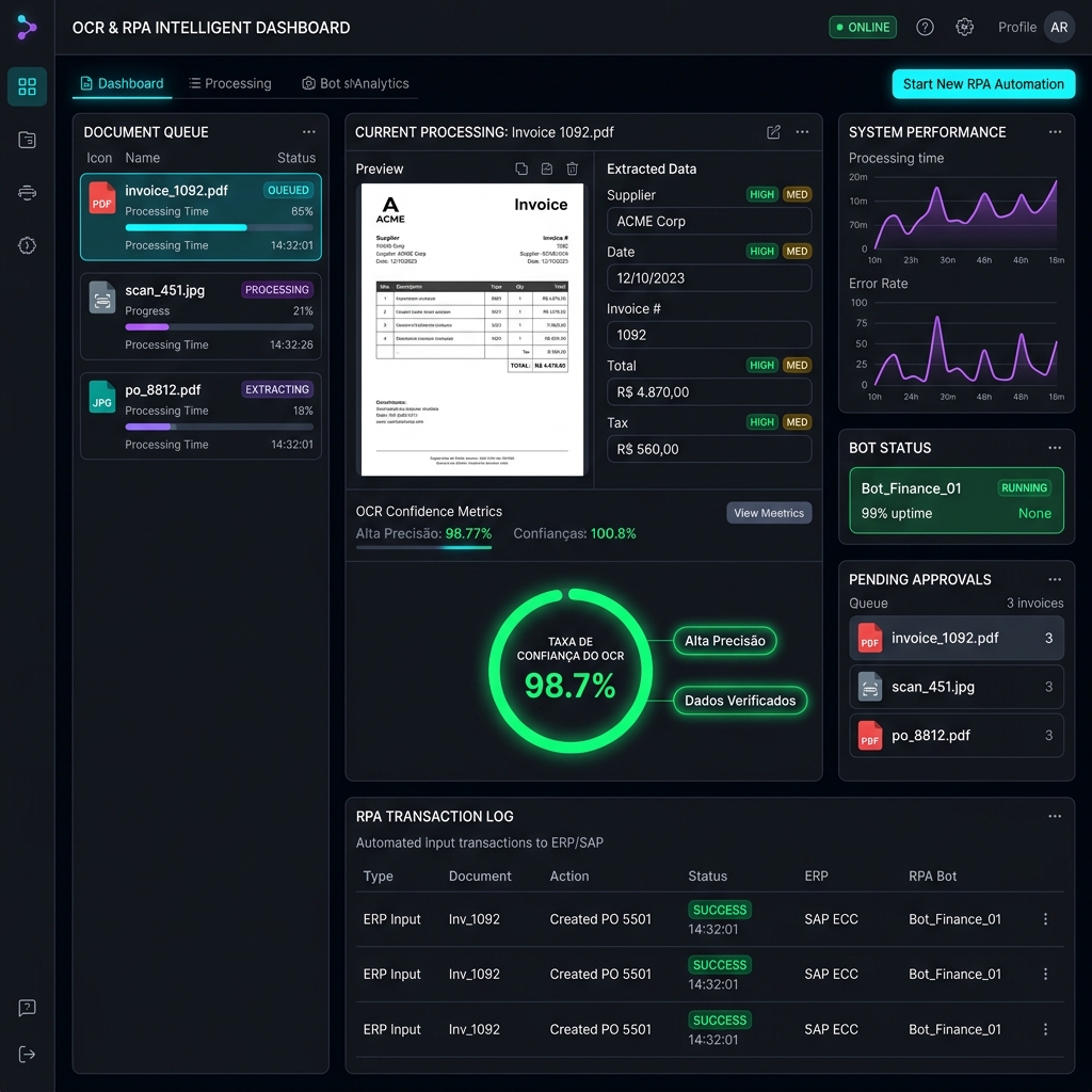 Dashboard de RPA mostrando a fila de leitura de documentos fiscais e o progresso da digitação automática em sistemas ERP