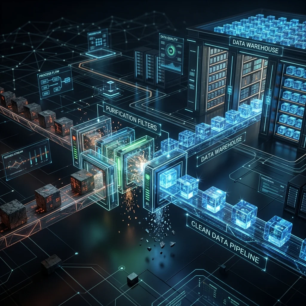 Pipeline de fluxo de dados conceitual em 3D refinando dados brutos para data warehouse.