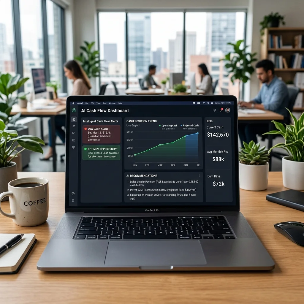 Interface de notebook exibindo alertas de fluxo de caixa e recomendações do assistente de IA.
