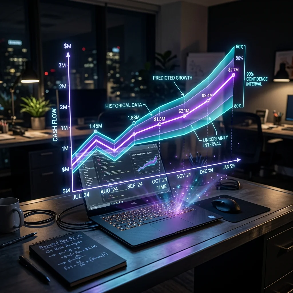 Projeção tridimensional e previsões de fluxo de caixa geradas por inteligência artificial da ConsultoriaSoft.