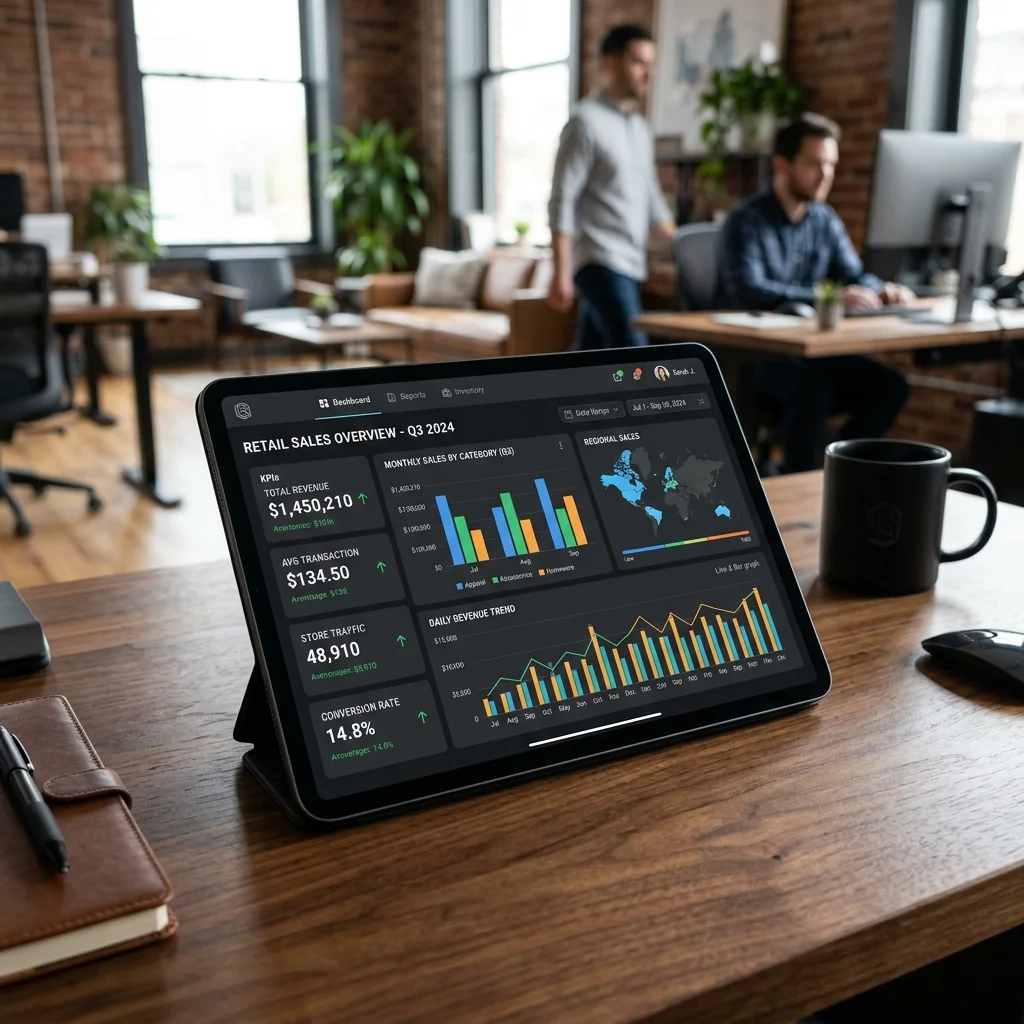 Dispositivo tablet exibindo painel de controle e KPIs de vendas comerciais de varejo.