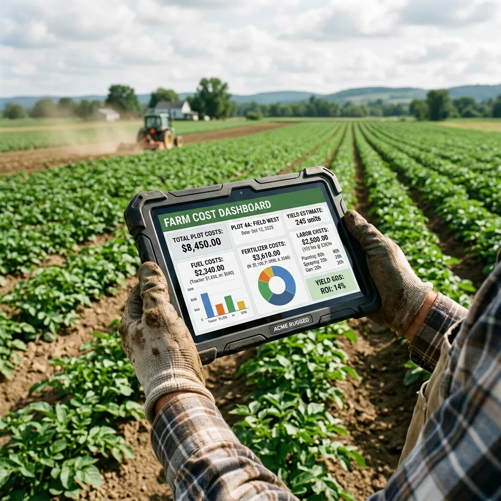 Dashboard agrícola exibindo custos operacionais (combustível, mão de obra, insumos) em tablet robusto no campo.