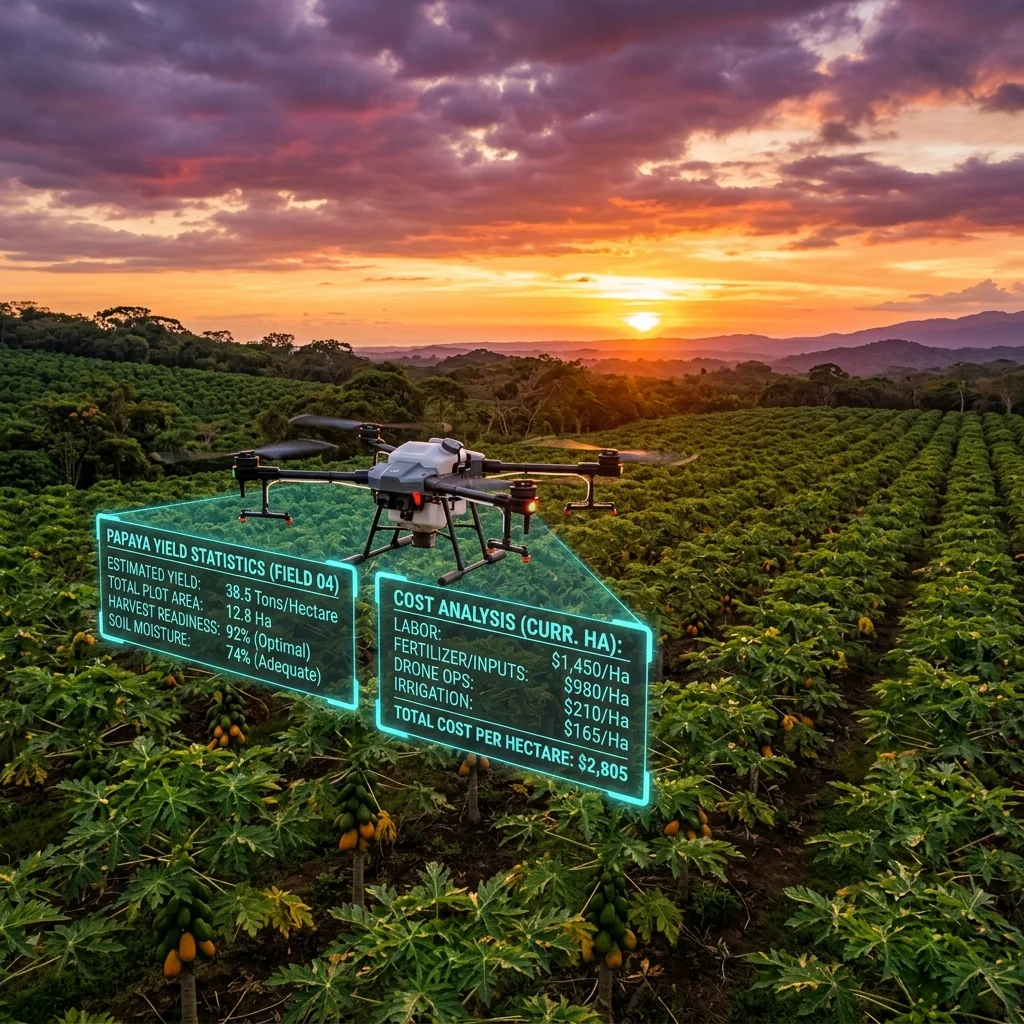 Holograma de drone sobrevoando fazenda agrícola com indicadores de custos de produção por hectare, tecnologia Agro por Agnaldo Ribeiro.
