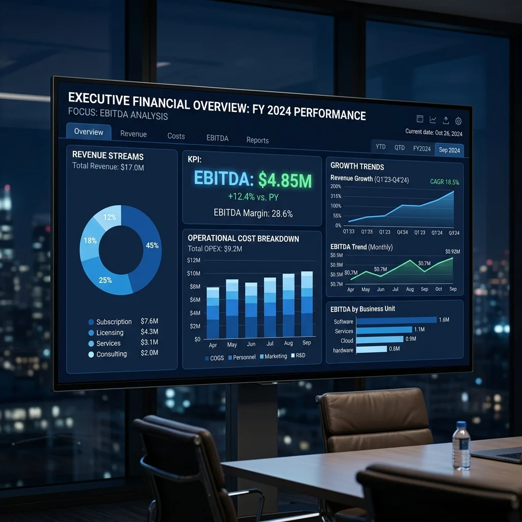 Dashboard executivo de EBITDA e margem operacional com semáforos visuais de metas, arquitetado por Agnaldo Ribeiro das Neves.